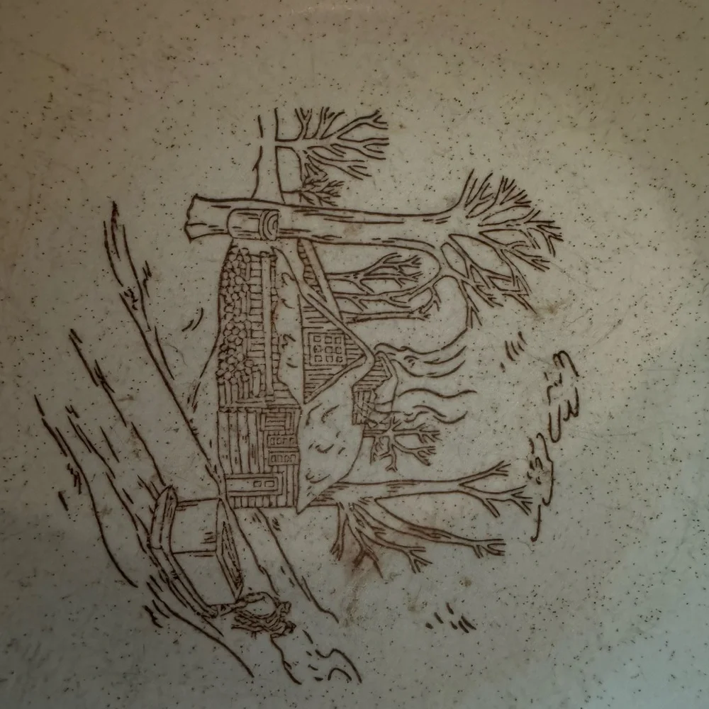 Stoneware Dinner Bowls in Cream with Brown Rim and Scenic Motif